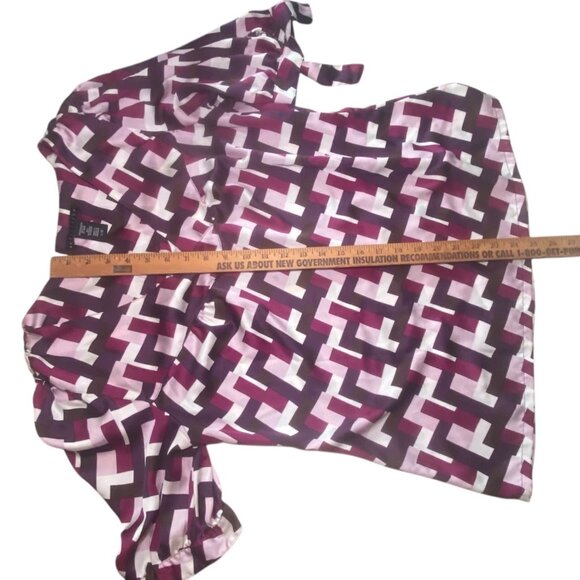 Geometric Print V-Neck Blouse Puff Tie-Sleeves Multicolor Casual Comfort Office - Picture 5 of 8